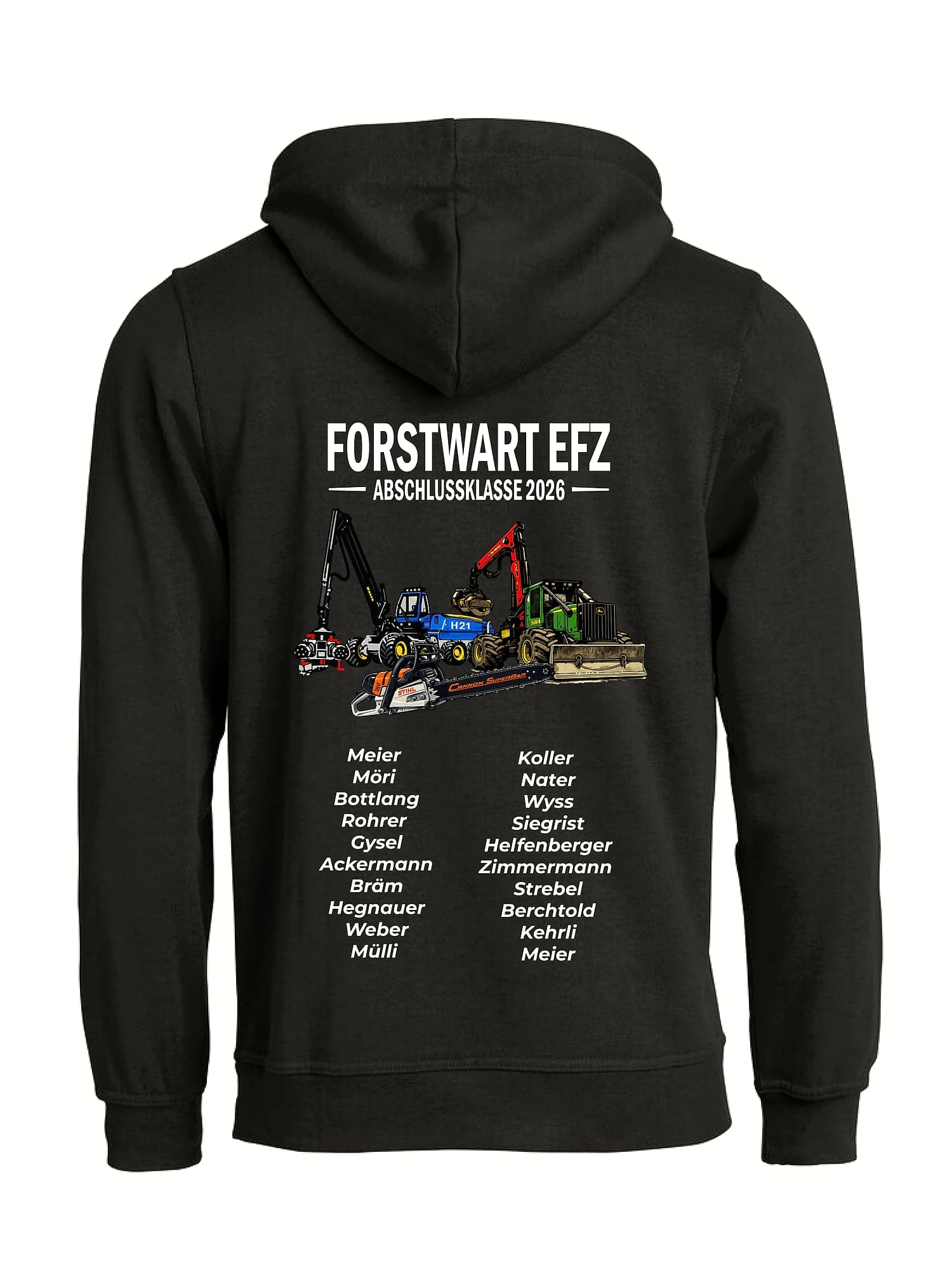 Digitaler Designvorschlag: Hoodie-Rücken Forstwart EFZ mit Forstmaschinen und Namensliste