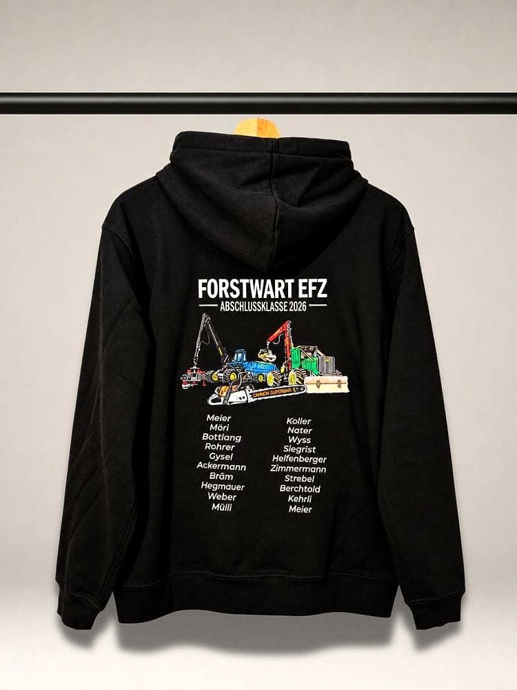 Fertig gestickter Hoodie Forstwart EFZ Abschlussklasse 2026 mit Forstmaschinen und allen Namen
